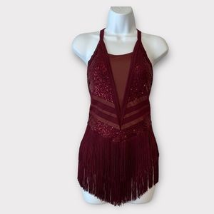 Weissman Fringe Sequin Figure Skating Dress Maroon Red